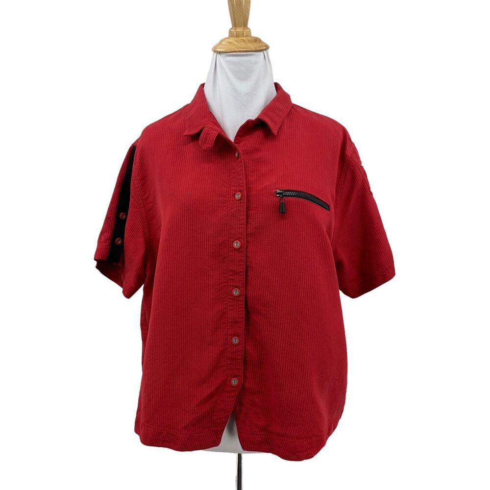 Jamie Sadock Silk Golf Shirt Womens L Large Red Button Front Boxy Ribbed Top
